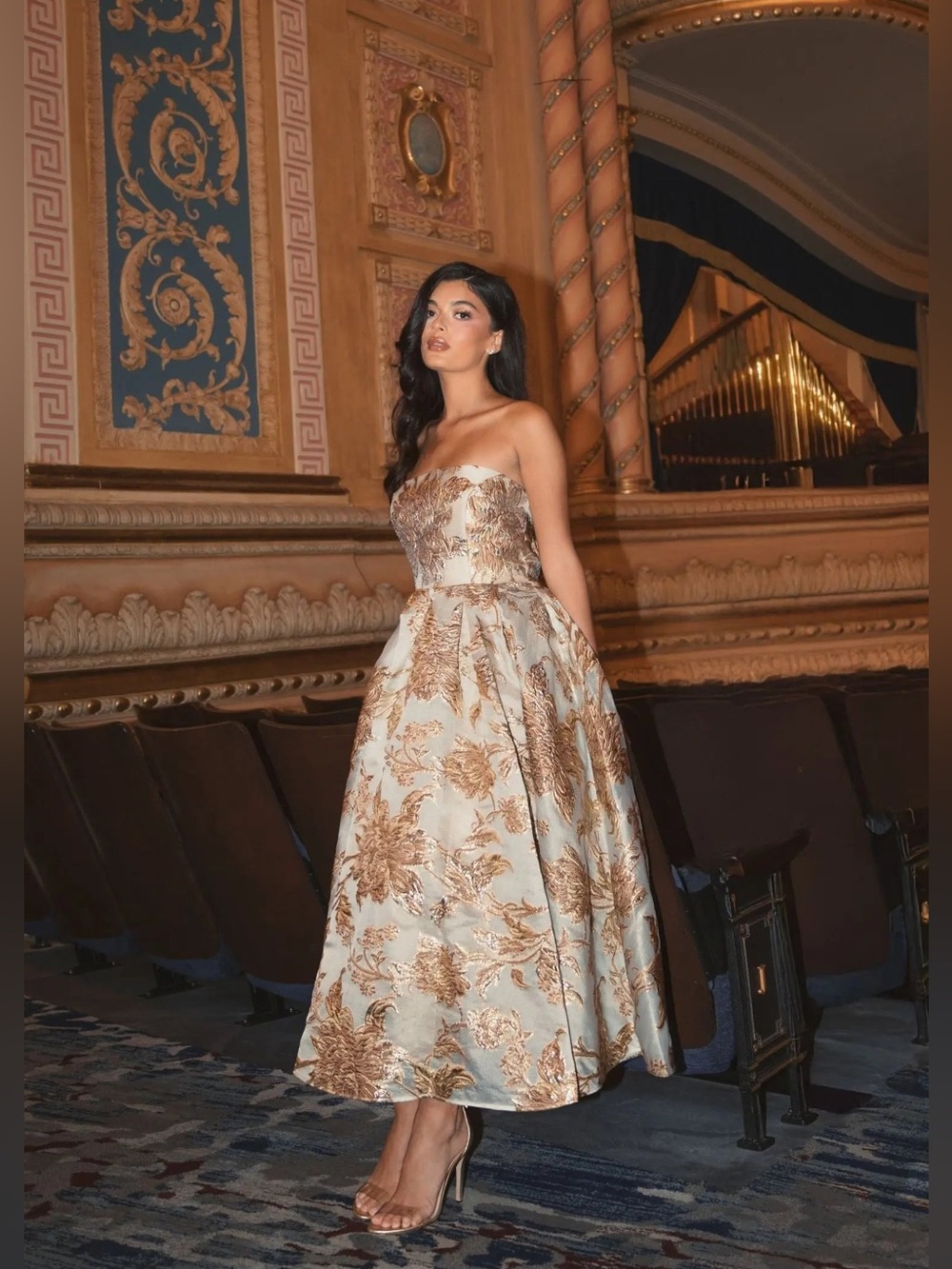 Mac Duggal Gold Strapless Brocade Midi Dress with Pockets In Bronze Beige Size 8